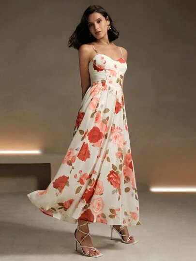 Anewsta Vestido de tirantes de mujer con elegante estampado de rosas y flores, para el verano