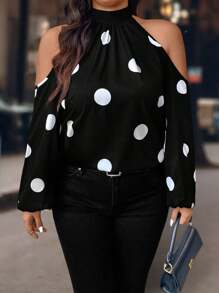 EMERY ROSE Plus Size Women's Spring And Summer Dot Print Open Shoulder Loose Blouse Fall Cloth For Women