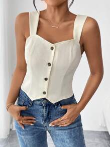 Chiquease Summer Casual Solid Color Front Button Tank Top - Apricot - View 3
