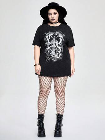 Grunge Punk Dunkles Spinne & Totenkopf Slogan Muster Distressed Schneewasch Große Größen T-Shirt