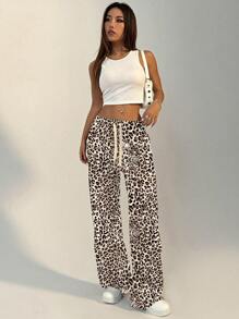 SHEIN Unity Quần dài dây rút họa tiết da báo dành cho nữ - màu nâu - Xem 5