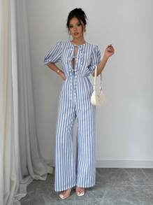 Chiquease Mono de algodón a rayas con lazo delantero para mujeres - Azul - Ver 3