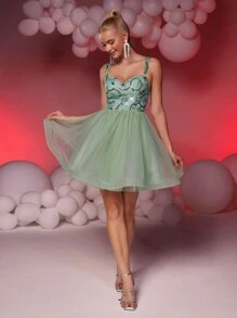 SHEIN Belle Elegant Glamorous Cute Olive Green Spaghetti Strap Sequin Lace Contrast Mesh Tulle Pleated Cocktail Party Dress