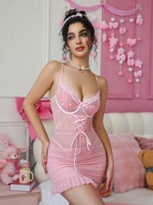 SHEIN 2pcs/Set Romantic Lace Contrast Mesh Caged Mini Dress Set - Pink - View 4