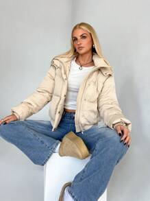 SHEIN EZwear Áo khoác thường ngày dài tay có khóa kéo màu trơn - Màu be - Xem 6