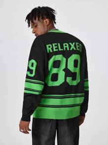 Manfinity EMRG Men's Solid Color Patchwork Letter Print Knit Casual Pullover