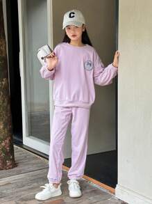 SHEIN 2 件 Tween Girl 纹理针织超大款运动衫，带蝴蝶结印花和休闲裤套装 - 淡紫色 - 查看 5