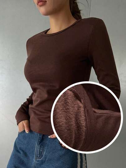 DAZY Camiseta feminina casual de lã, com gola redonda e manga comprida, cor sólida, forro térmico, outono/inverno