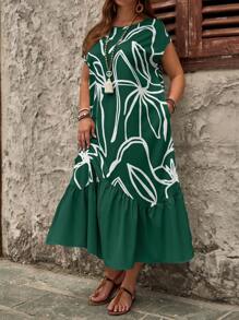 EMERY ROSE 大码全印花圆领荷叶边下摆连衣裙 - 墨綠色 - 查看 2