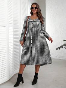EMERY ROSE Robe casual à manches longues pour l'automne, col V, imprimé à carreaux, grande taille