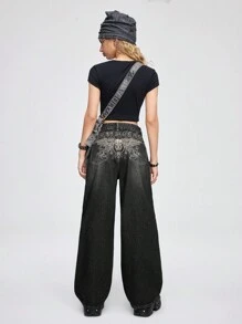 ROMWE Grunge Punk Quần Jeans ống rộng rộng rãi họa tiết thêu đầu lâu Punk Grunge dành cho nữ - màu đen - Xem 2