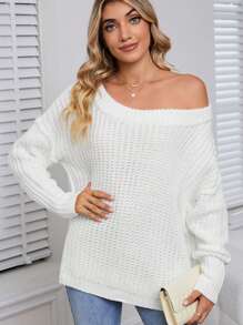 CILKOO Women's Solid Color Drop Shoulder Long Sleeve Casual Loose Knit Sweater, Autumn/Winter - White - View 3
