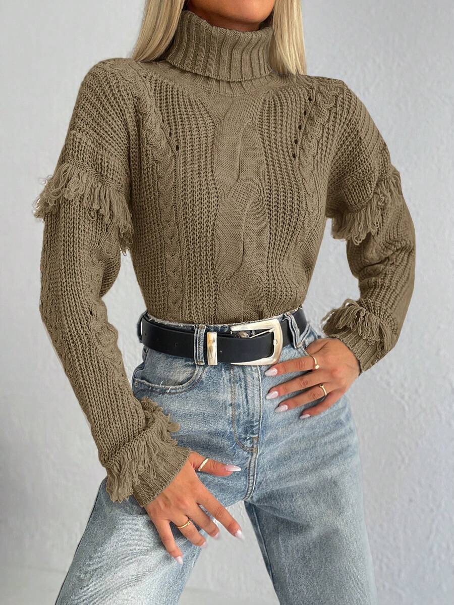 Cloudara Turtleneck Fringe Trim Drop Shoulder Sweater - Mocha Brown - View 1