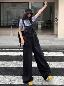 DAZY 女式纯色简约休闲牛仔背带裤 - 灰色 - 查看 4