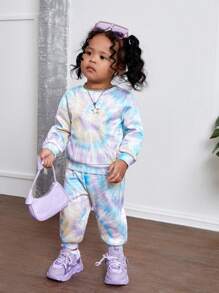 SHEIN Leap Crew NovaGlow 女婴两件套可爱扎染印花长袖卫衣和松紧腰裤套装，加厚抓绒，秋冬款 - 彩色 - 查看 5