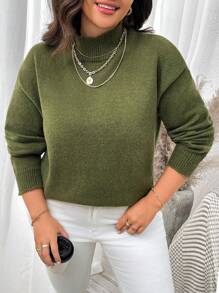 Calvaya Plus Size Solid Color Stand Collar Army Green Sweater For Fall & Winter - Dark Green - View 8