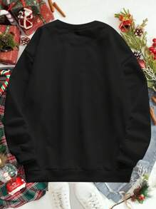 1件女士时尚休闲圣诞标语印花抓绒卫衣，适合家庭圣诞派对，长袖套头衫，秋季必备。 - 黑色 - 查看 2