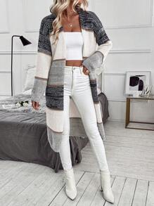 EMERY ROSE Multi-Color Patchwork Casual Loose Dual Pocket Long Cardigan For Women,Long Sleeve Tops Fall Winter Cloth For Women - Multicolor - View 4