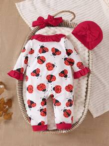 SHEIN 3pcs Baby Girl Ladybug Graphic Ruffle Hem Zipper Jumpsuit With Hat And Bow Headband Set, Comfortable For Everyday Wear, For Christmas - Red - View 2