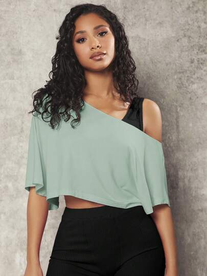 VARSITIE 女士纯色不对称领口夏季运动 T 恤