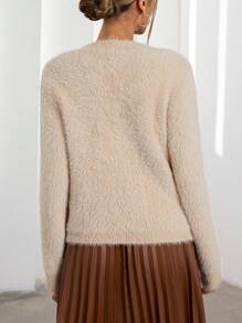 GENKIRA Suéter de tejido suelto y suave con diseño calado, jersey de punto para otoño e invierno - Caqui - Ver 2