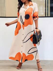 EMERY ROSE Đầm Maxi Tay Dài In Hoa Văn Ngẫu Nhiên Cài Nút Phía Trước Cho Nữ - trái cam - Xem 5