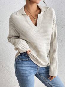 Chiquease 女士法式宽松领针织套头毛衣，秋冬款 - 杏色 - 查看 5