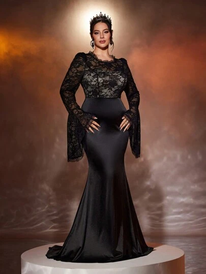 SHEIN Belle 加大码黑色透明性感蕾丝拼接弹力缎面夸张荷叶边袖优雅鱼尾正式晚礼服，长袖舞会礼服，适合婚礼嘉宾、毕业典礼、晚宴