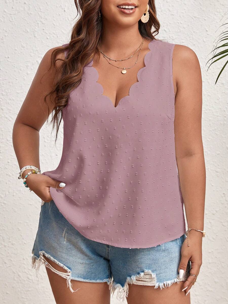 SHEIN VCAY Plus Size Nữ Màu Trơn Đơn Giản Hàng Ngày Có Viền Cổ Áo Không Tay - Bụi hồng - Xem 1
