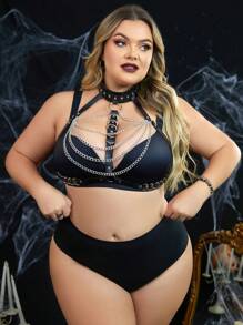 Plus Size Bold & Avant-Garde Chain Decor Leather Lingerie