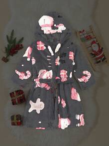 Young Boy Cute Christmas Cartoon Pattern Thick Long Sleeve Hooded Robe, Autumn/Winter - Blue - View 3