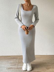 Chiquease Vestido Longo de Manga Longa Minimalista e Casual de Cor Sólida para Mulheres - Cinza - Visão 5