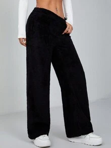 SHEIN PETITE Quần ống đứng vải flannel cạp cao - màu đen - Xem 7