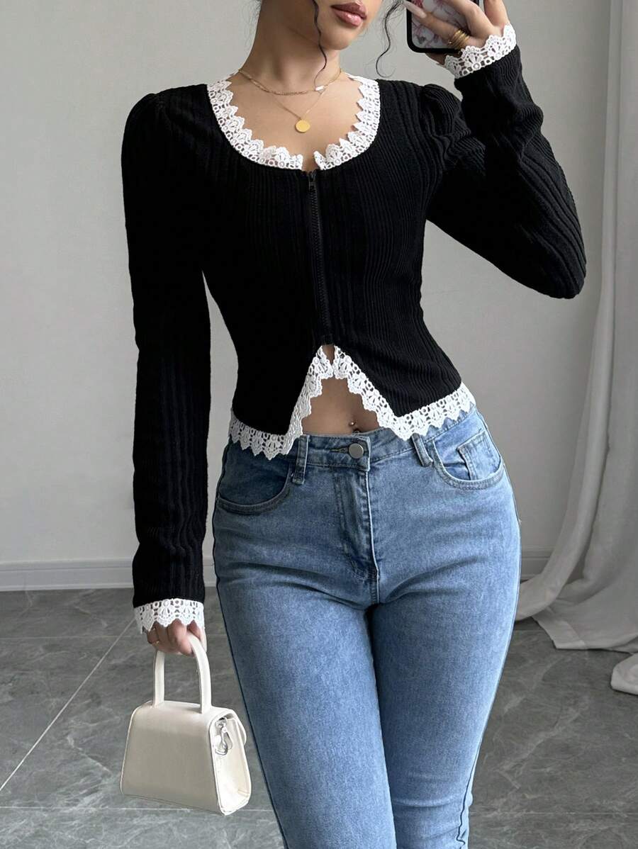 Chiquease Chaqueta con cremallera de manga abullonada, parches de encaje, para mujer primavera y otoño - Negro - Ver 1