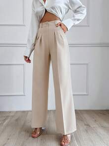 EURMUSE Pantalones de pierna ancha con pliegues frontales para mujer - Beis - Ver 3