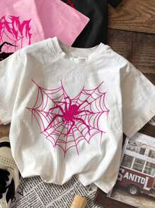 SHEIN EZwear Bộ 3 Áo thun nữ cổ tròn tay ngắn in hình nhện Halloween tối giản giản dị, bó sát, mùa hè/thu - Nhiều màu - Xem 4