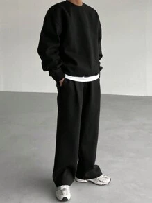 DAZY 2pcs Men's Solid Color Crew Neck Tracksuit Sweatshirt And Pocket Sweatpants Casual Black Set For Fall - Black - View 3