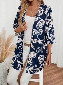 EMERY ROSE 女式休闲宽松植物叶图案 3/4 袖夏季衬衫 - 藏蓝色 - 查看 3