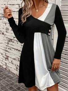 Women's Solid Color Patchwork Long Sleeve Mid-Length Casual Dress - Multicolor - View 1