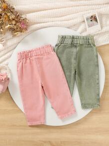 Baby Girls' Solid Woven Denim Pants Set - Multicolor - View 2