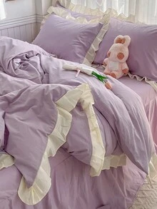 3pcs Purple Floral Bedding Set With Ruffle Hem For Student Dormitory - Mauve Purple - View 2