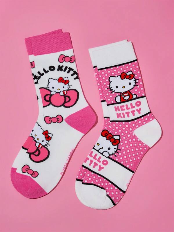 HELLO KITTY AND FRIENDS | SHEIN 2sets Women Cartoon & Polka Dot Bow Pattern Pink Colorblock Crew Socks