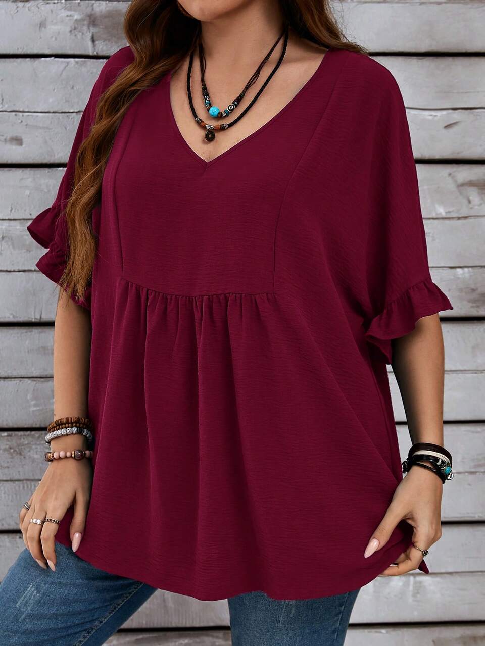 Plus Size Women's Vacation Casual Mom Blouse With Ruffled Sleeves For Summer