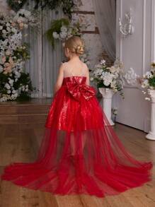 SHEIN Glamorique Kids Vestido de Princesa de Natal com Lantejoulas e Tule com Saia Removível para Festa, Apresentação, Casamento, Temporada de Feriados