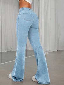 SHEIN ICON Women's Fashionable Solid Blue Denim Flared Pants