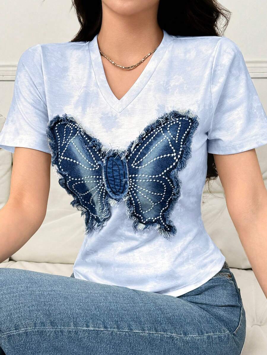 Mulvari 女士夏季 V 领蝴蝶结装饰短袖休闲 T 恤 - 藍色 - 查看 1