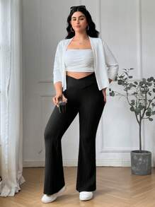 SHEIN EZwear Plus Size Women Back To School Campus Style Casual Leggings, Ribbed Knit Fabric Yoga Pants With Elastic Waistband & Flared Hem, Suitable For Daily, Work & Workout