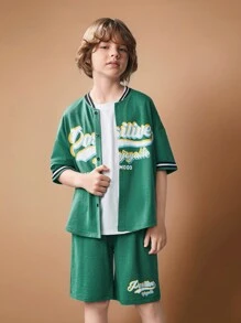 SHEIN 2pcs Tween Boy Letter Print Short Sleeve Shirt & Shorts Set - Green - View 3