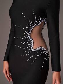 Glamrae 优雅黑色小高领长袖腰侧性感网眼透视立体花卉手工串珠渐变紧身长款重工业晚宴绷带礼服，正式晚会舞会礼服，适合婚礼嘉宾，毕业典礼 - 黑色 - 查看 4