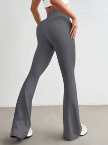 Easithlete 高腰无缝瑜伽裤女式桃臀喇叭修身健身紧身裤 - 灰色 - 查看 4